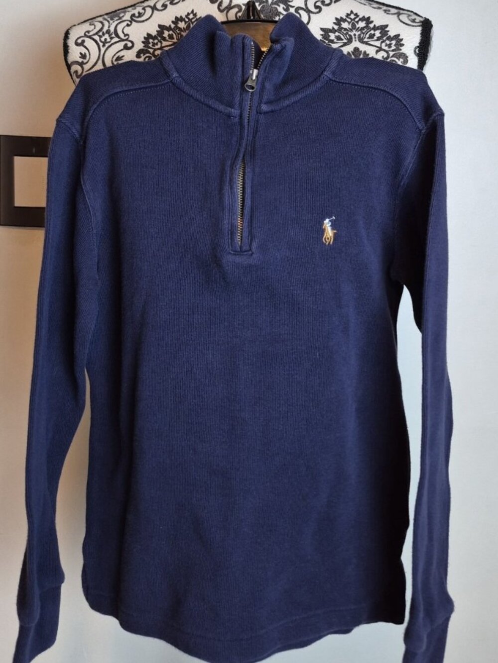 Polo Ralph Lauren Boys Navy Quarter Zip Cotton Knit Sweater Size M 10-12